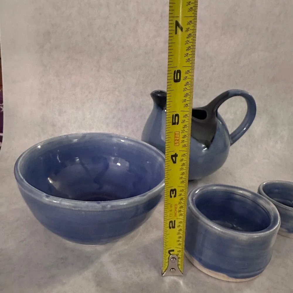 Blue‎ Glazed Ceramic Pitcher Bowl Set 4 Pieces Small Creamer Cup